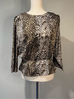 Vintage Jenny B Snakeskin Print Long Sleeve Blouse Peplum Top Silky Petite M
